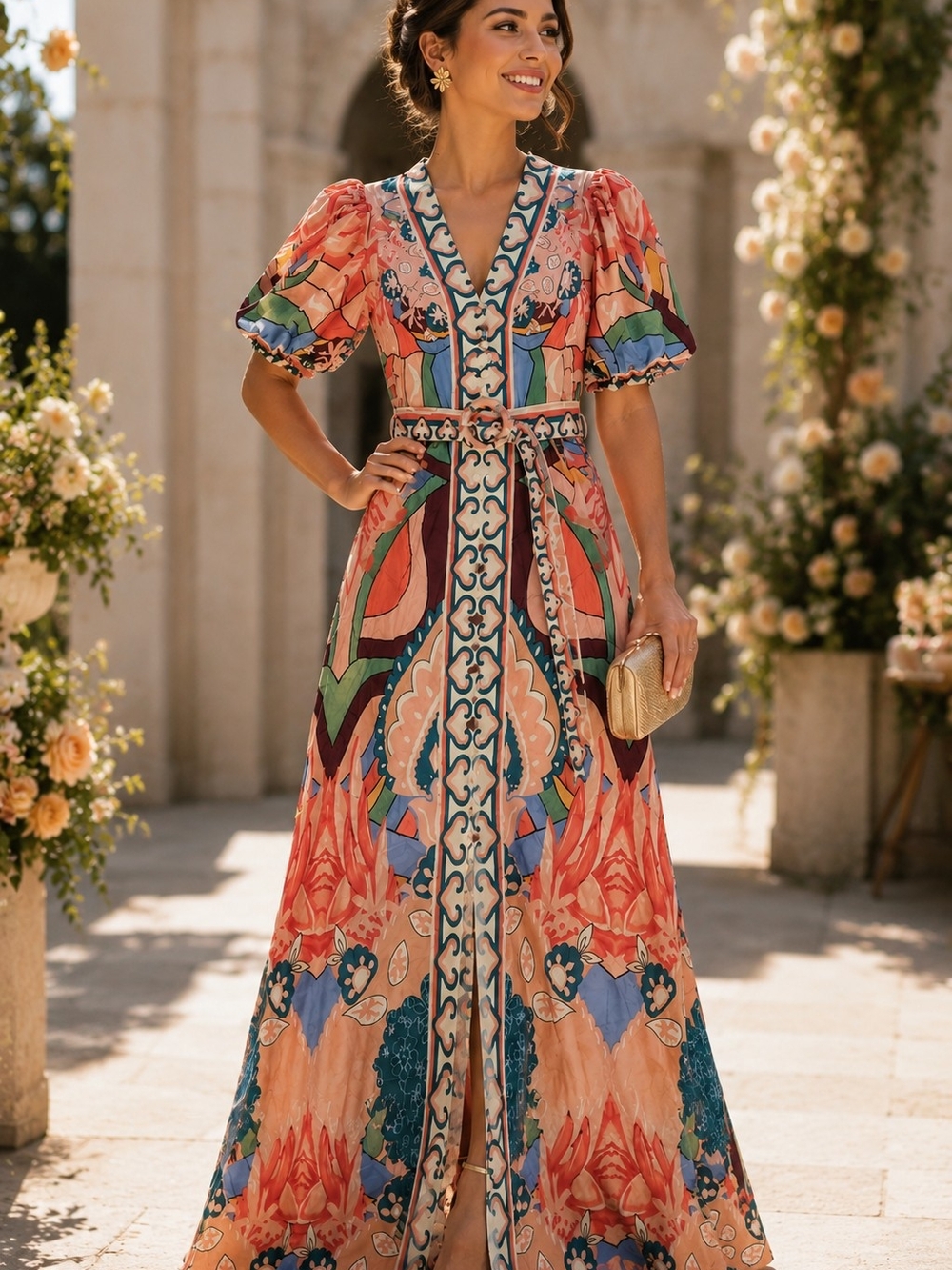Coral Multi Floral V-Neck Maxi Dress with Waist Tie